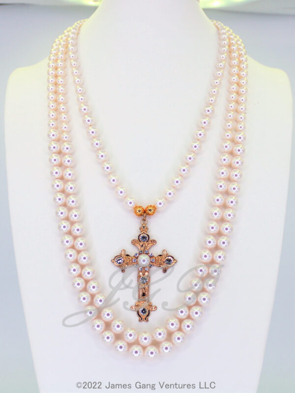 Multi-Strand White Crystal Pearl & Cross Convertible Necklace