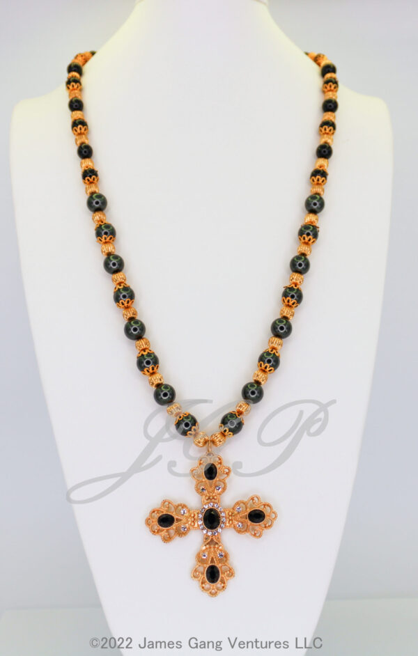 Black & Gold Cross with Crystal Pearl & Gold Bead Set.