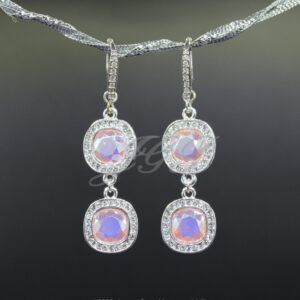 Rose Water Opal Cushion Cut Crystal Drop Silver Plated Earrings