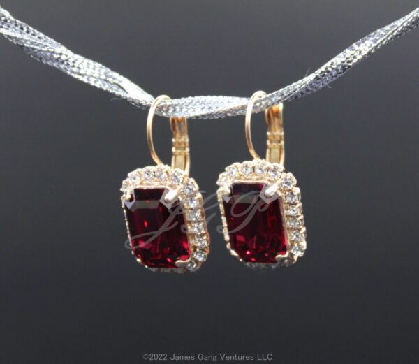 Emerald-Cut Ruby Crystal Gold-Plated Halo Earrings