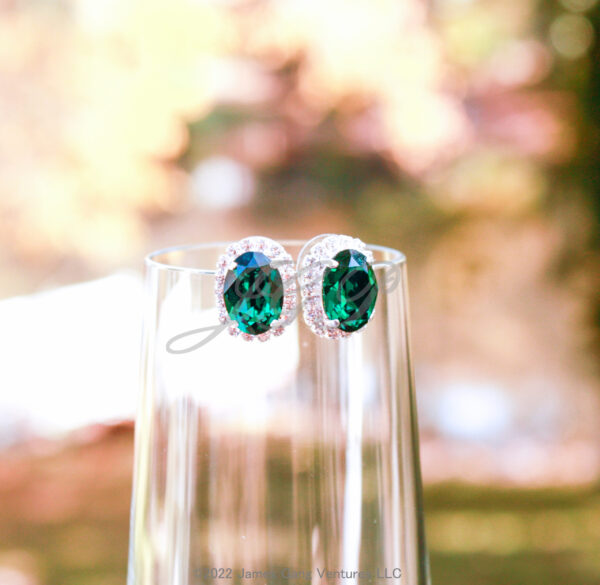 Oval-Cut Emerald Crystal Silver-Plated Halo Earrings - Image 2