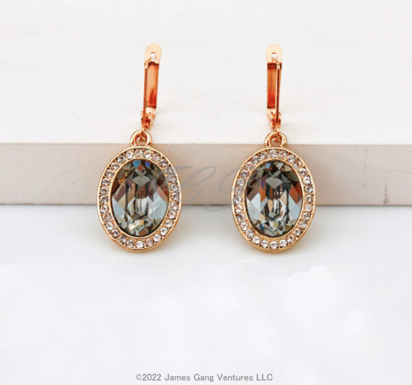 Bright Gold-Plated Oval Black Diamond Crystal Earrings