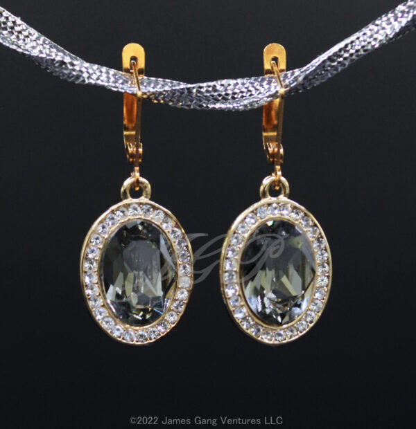 Bright Gold-Plated Oval Black Diamond Crystal Earrings - Image 3