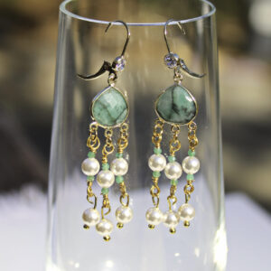 Emerald, White Crystal Pearl & CZ Gold-Plated Chandelier Earrings