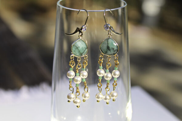 Emerald, White Crystal Pearl & CZ Gold-Plated Chandelier Earrings