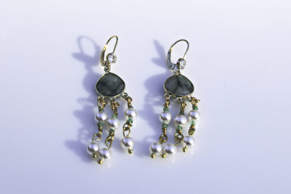 Emerald, White Crystal Pearl & CZ Gold-Plated Chandelier Earrings - Image 2