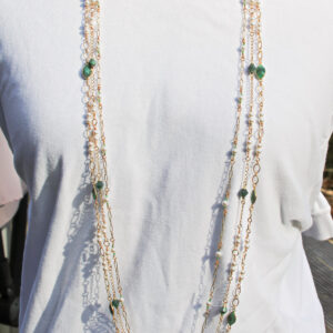 Emerald, White Crystal Pearl & CZ Gold-Plated Multi-Chain Necklace