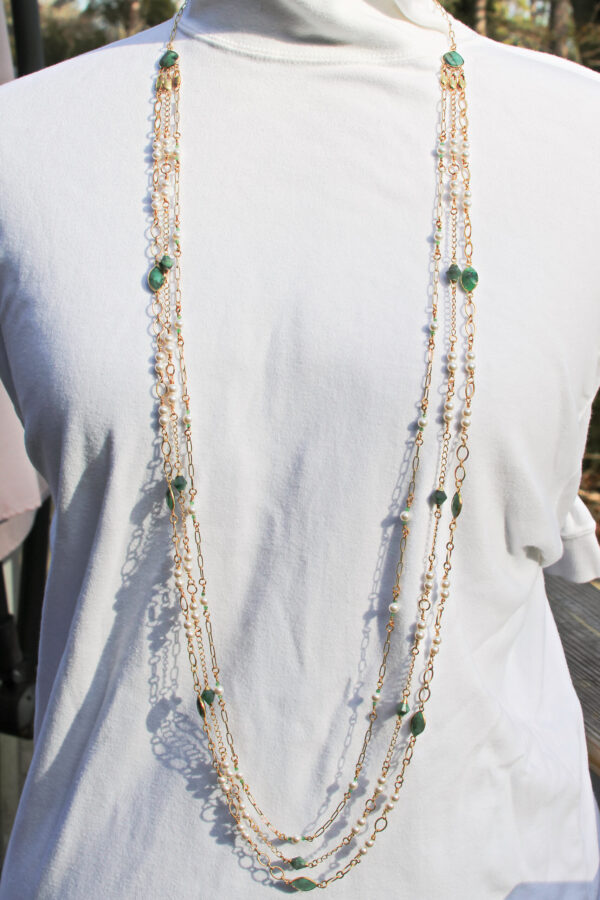 Emerald, White Crystal Pearl & CZ Gold-Plated Multi-Chain Necklace