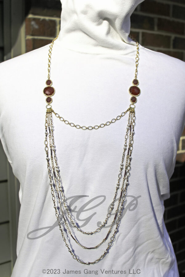 Ruby, White Crystal Pearl & CZ Gold-Plated Multi-Chain Necklace