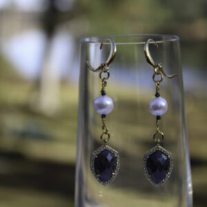 Blue Sapphire, White Pearl and CZ Gold-Plated Earrings