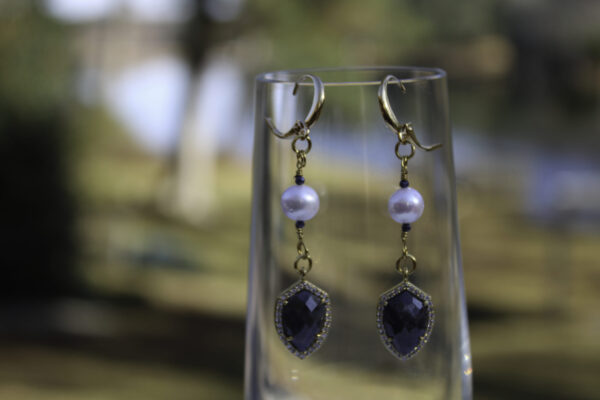 Blue Sapphire, White Pearl and CZ Gold-Plated Earrings