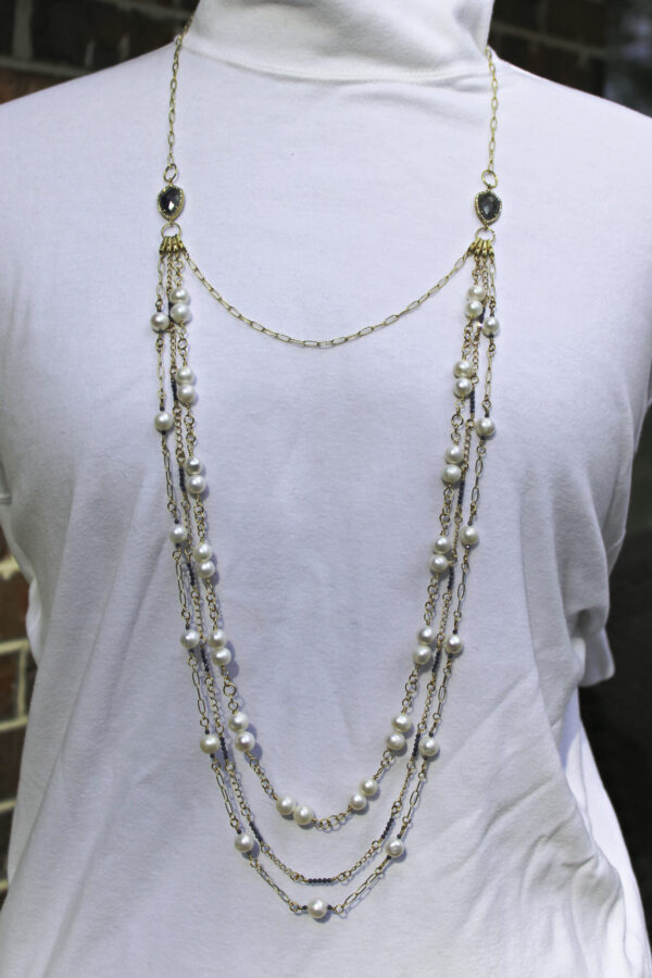 Blue Sapphire, White Pearl and CZ Gold-Plated Multi-Chain Necklace